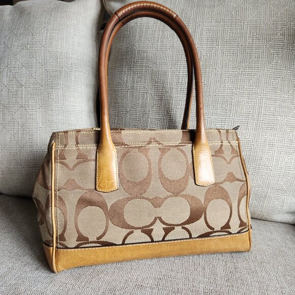 COACH Madeline top handle shoulder satchel khaki signature C and camel leather - Picture 4 of 15